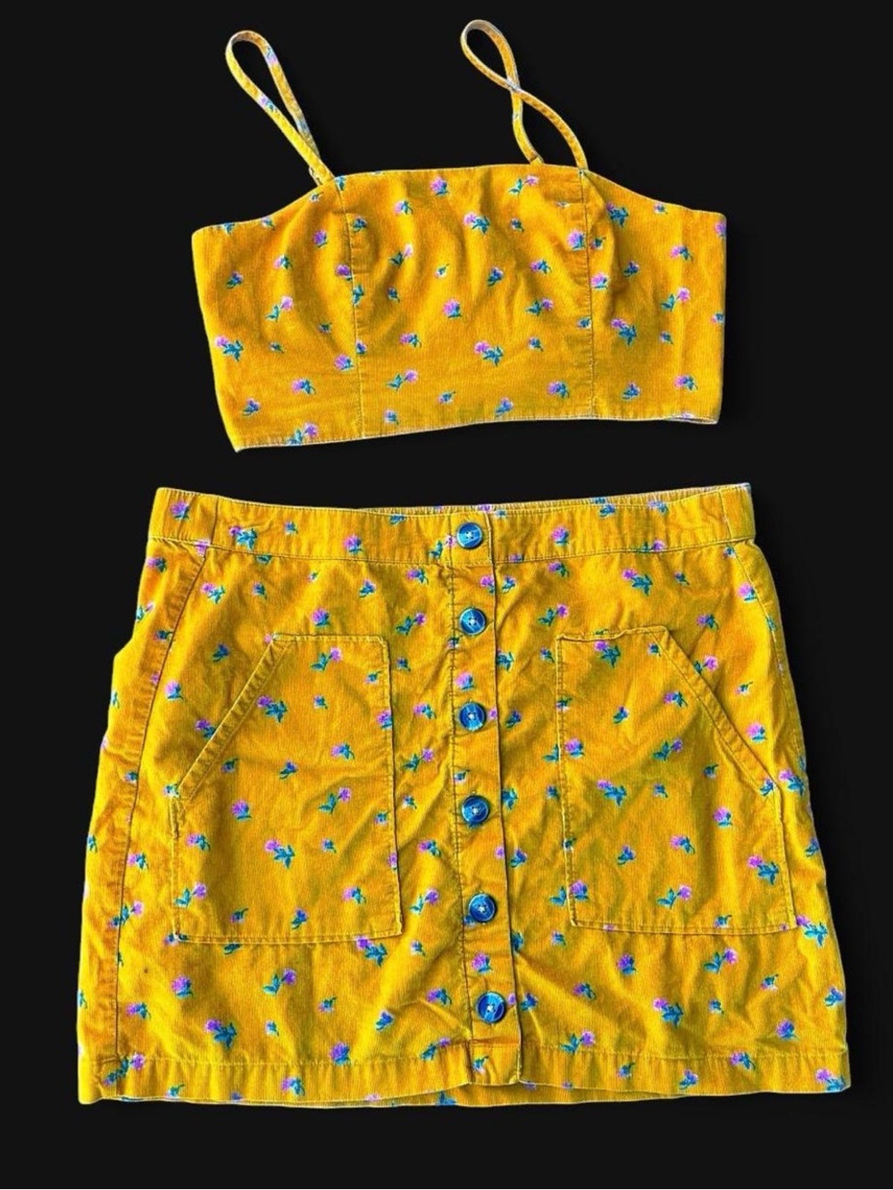 💐American Eagle Mustard Floral Corduroy Matching Set Crop Top Mini Skirt S Y2K